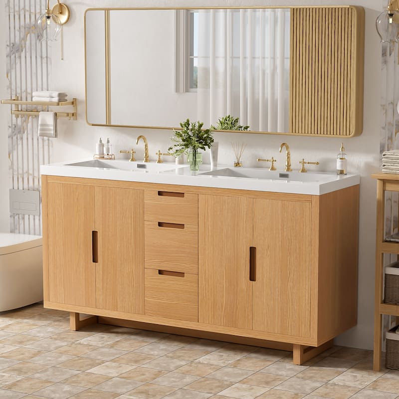 59.3" Bathroom Vanity with 4 Doors & 3 Drawers, Handle-Free Design, Soft-Close Hinges, Hidden Drawer Slides, SMC Resin Top