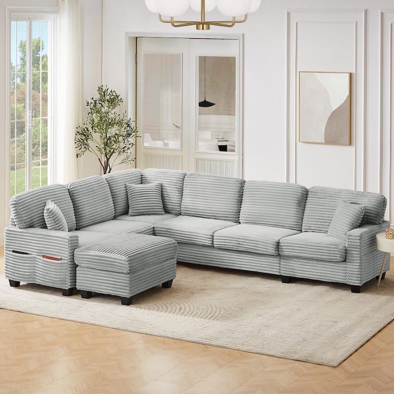 125.2" Modern Corduroy Upholstered U-shaped Sectional Sofa with Movable Ottoman and Side Storage Pockets