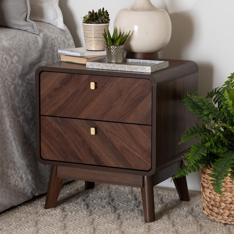 Markell Mid-Century Transitional Walnut Brown Finished Wood 2-Drawer Nightstand