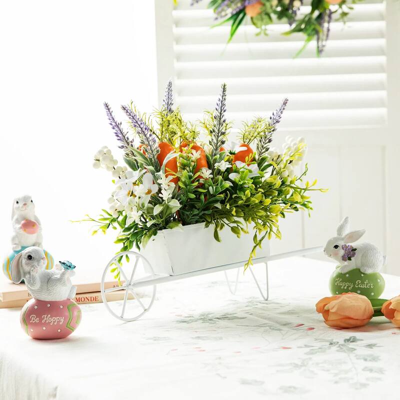 Glitzhome 12.5"L Easter Carrot Floral Wreath in Metal Wagon Centerpiece Table Decor
