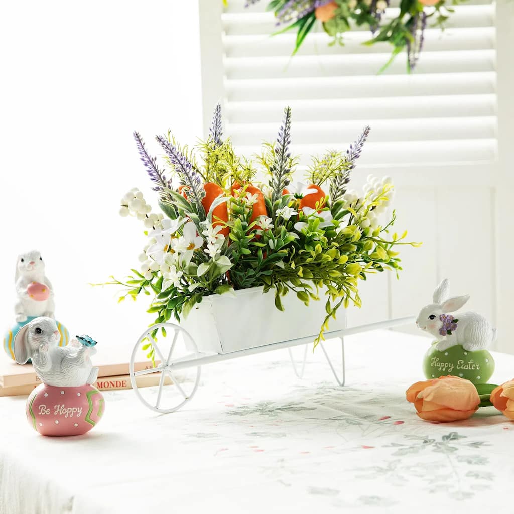 Glitzhome 12.5"L Easter Carrot Floral Wreath in Metal Wagon Centerpiece Table Decor