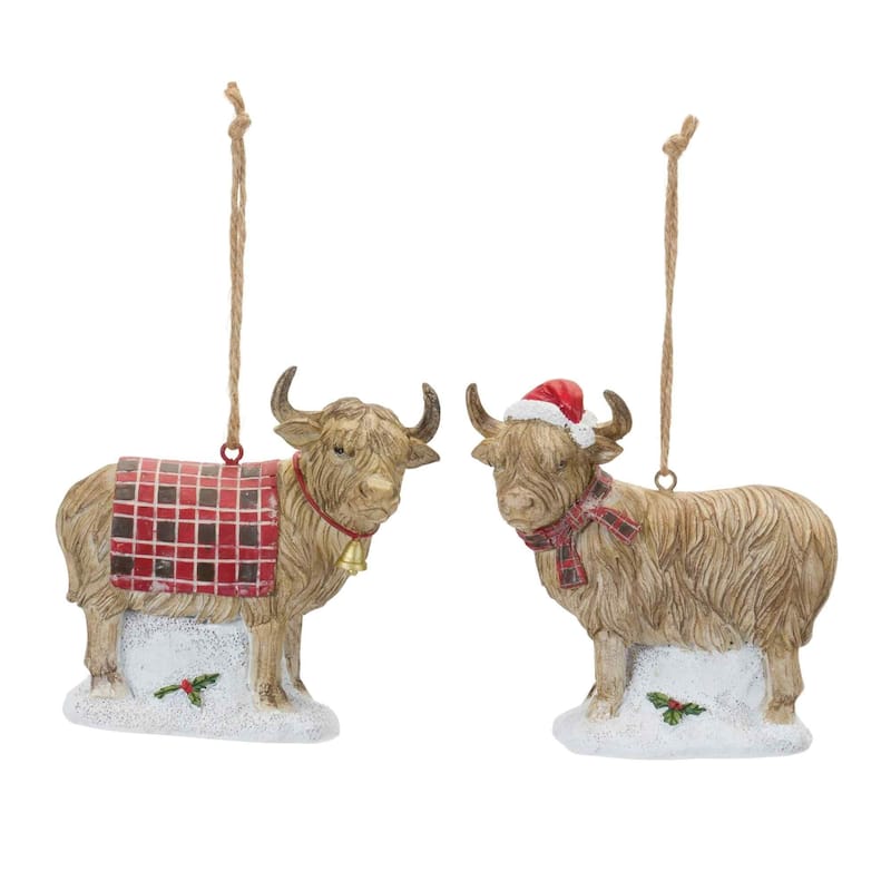 Set of 6 Brown and Red Highland Cow Christmas Ornaments 4.25"