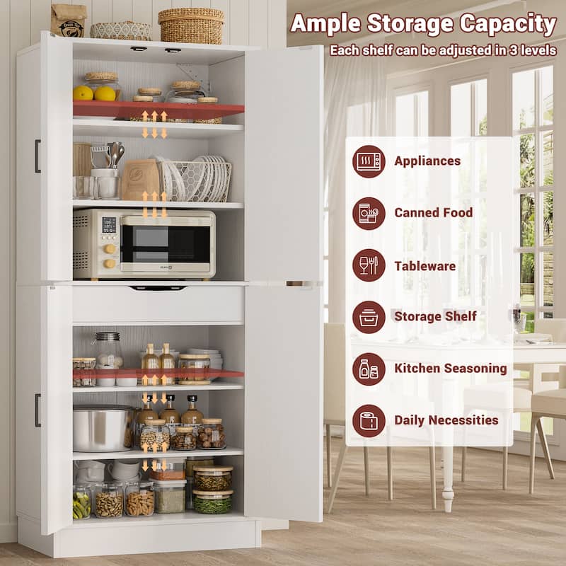 71" Kitchen Pantry with 4 Doors ＆ Large Drawer，Storage Cabinet with 6 Adjustable Shelves for Dining Room Living Room