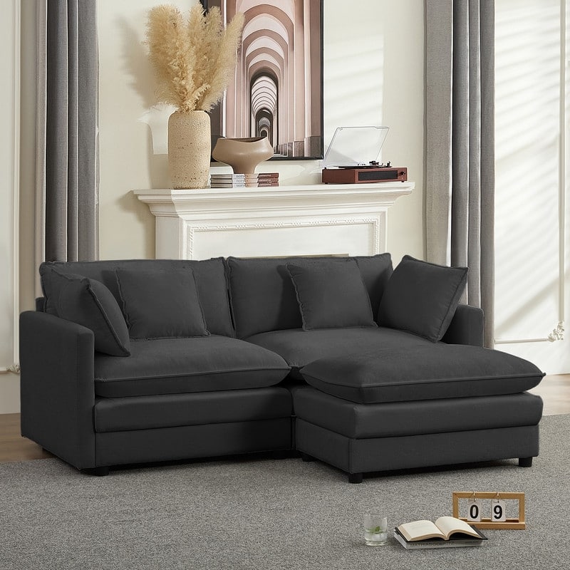 Mixoy 77''L-Shaped Modular Deep Seat Sofa, Modern Chenille Loveseat Cloud Sofa with Ottoman and Thickened Cushions - 2+1 - DARK GREY