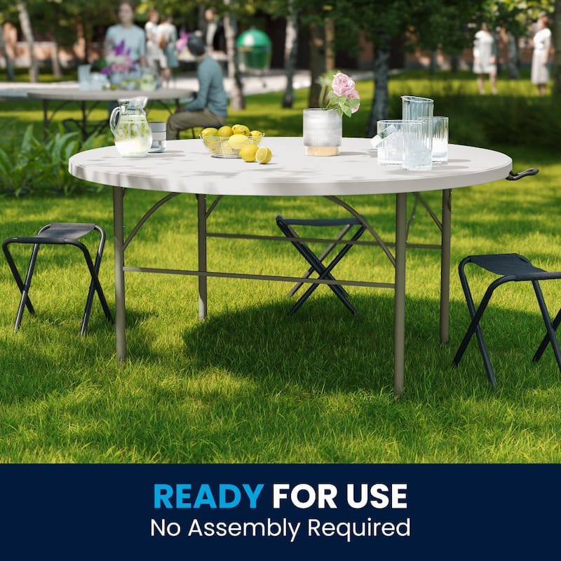 5-Foot Round Bi-Fold Plastic Folding Table with Carrying Handle - 60.5"W x 60.5"D x 29.5"H