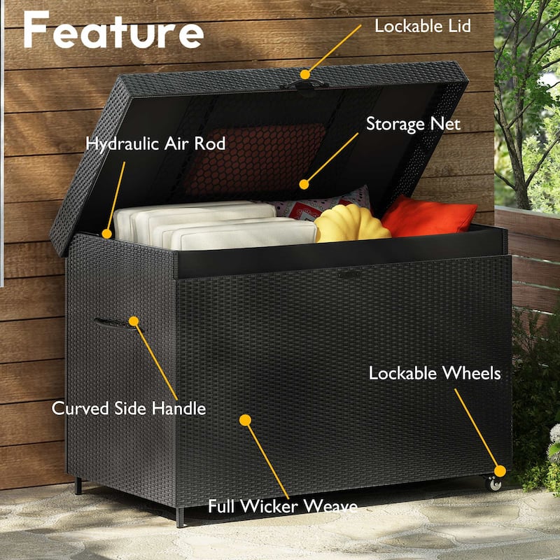230 Gallon Wicker Deck Box Outdoor Storage with Wheels and Lockable Lid