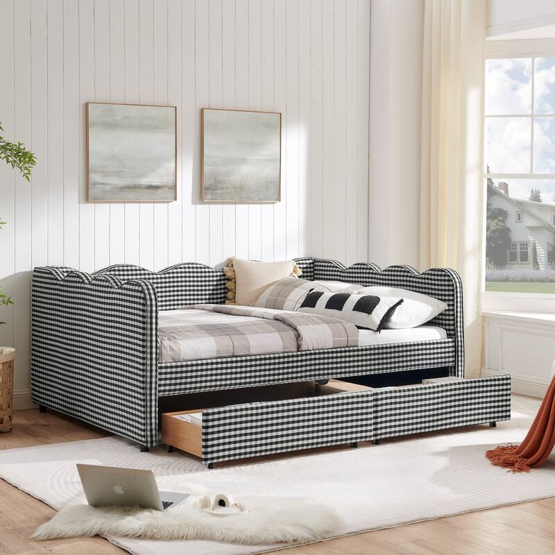 Full Size Upholstery Daybed with 2 Storage Drawers and USB Port, Linen Fabric Sofa Bed with Plaid Pattern and Wavy Silhouette