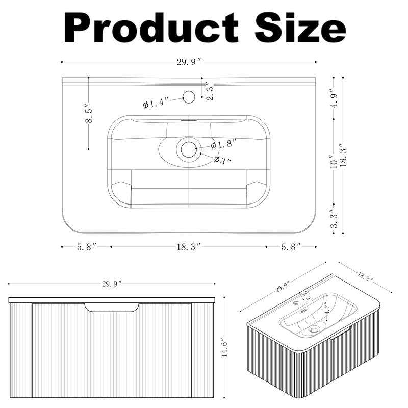 GDF Studio - Verona Floating Bathroom Vanity with Curved Edge Storage & Ceramic Basin without Faucet