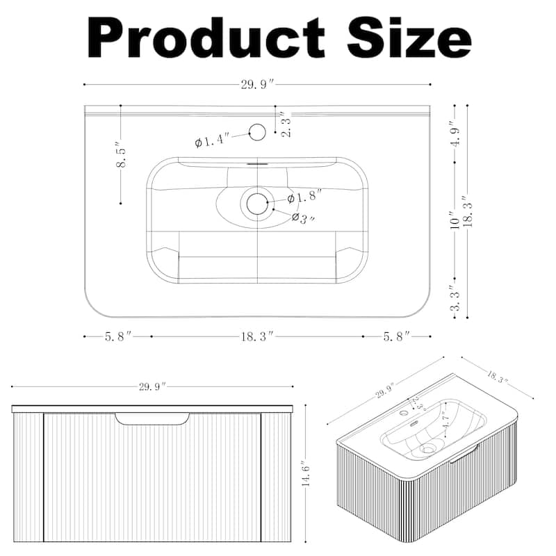 Wall-Mounted Floating Bathroom Vanity with Ceramic Basin