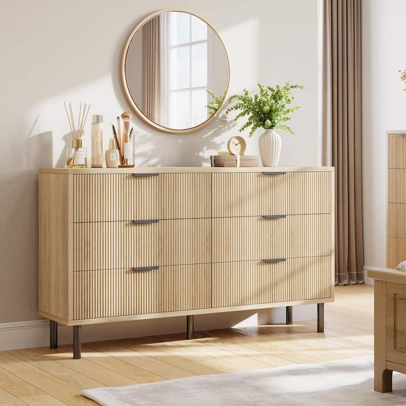 3/5/6 Drawer Fluted Dresser for Bedroom, Modern Wide Chest of Drawers with Metal Legs