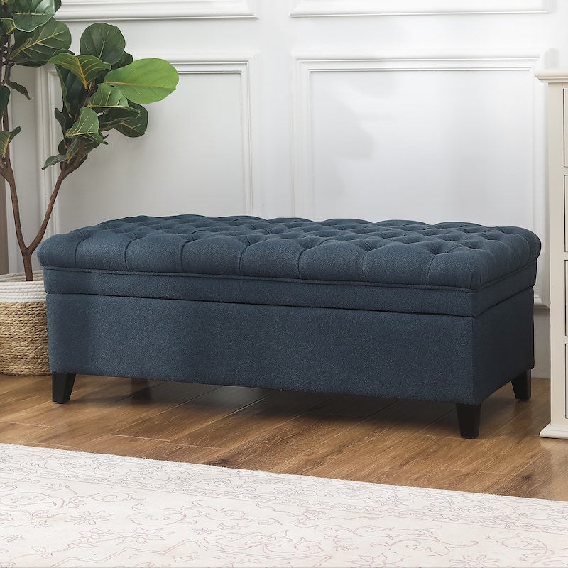 Adeco Linen Rectangle Storage Ottoman for Living Room Bedroom - Blue