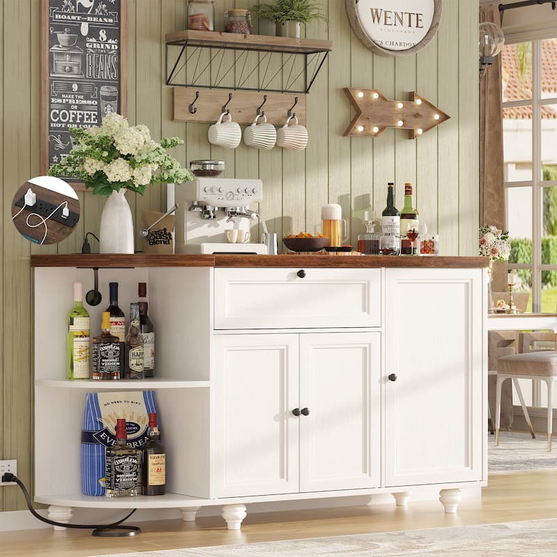 55'' Farmhouse Buffet Cabinet with Charging Station, Coffee Sideboard for Kicthen and Bar - White&Wood