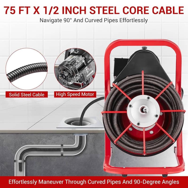 75FT 1/2 Inch Portable Drain Cleaning Machine for 1" to 4" Pipes with Blue Gloves