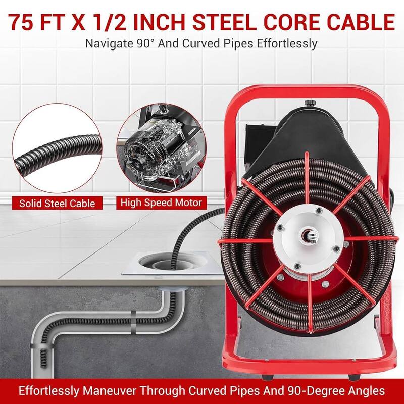 75FT 1/2 Inch Portable Drain Cleaning Machine for 1" to 4" Pipes