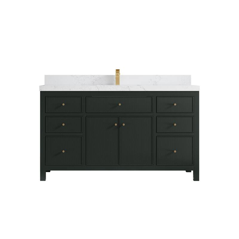 Willow Collections 60 in W x 22 in D Sonoma Free Standing Reeded Single Sink Bathroom Vanity with Countertop - 2" Empira White - Dark Forest Green