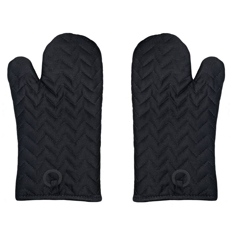 Black Heat Resistant Thick Soft Quilted Lining Kitchen Oven Glove Mitts With Silicone Treatment - 1 Pair