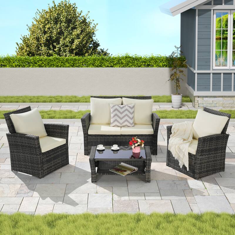 4 Piece Outdoor Rattan Conversation Furniture Sets, All Weather Patio Wicker Chair Set with Tempered Glass Coffee Table