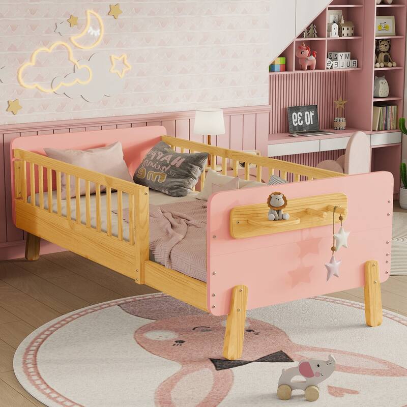 Kids Wood Platform Bed with Guardrails, Bottle Holder and 2 Hanging Rod, Convertible Toddler Daybed, Low Profile Design Frame