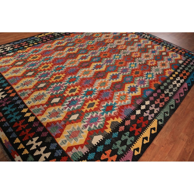 All-Over Geometric Kilim Area Rug Hand-Woven Wool Carpet - 8'11"x 11'5"