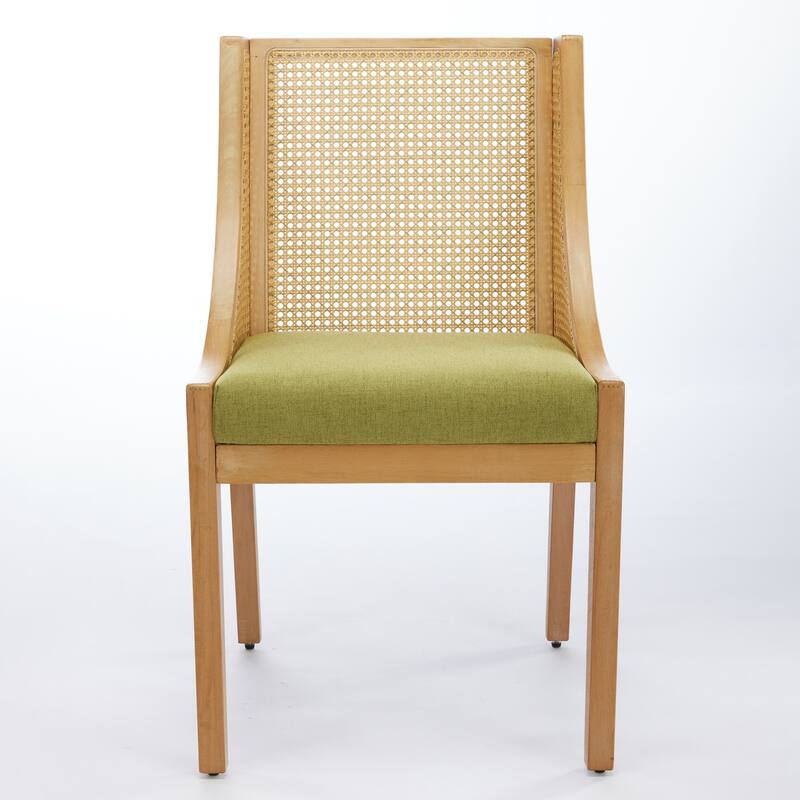 Country Style Rattan Dining Chair with Decorative Arms and Linen Upholstered Seat, for Kitchen, Dining Room, Olive Green