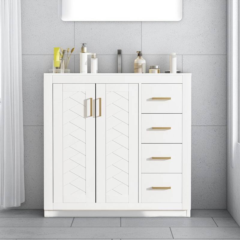 36'' Freestanding Bathroom Vanity with Sink, Solid Wood Frame, 3 Drawers - White