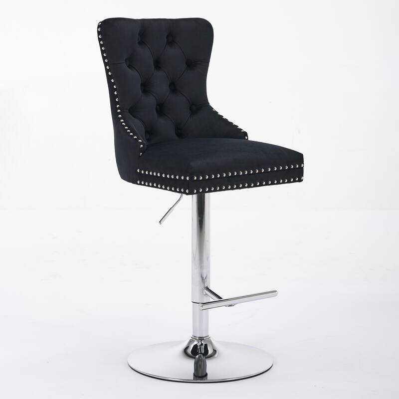 Set of 2 Thick Chrome Swivel Velvet Barstools, Adjustable 25-33" Height with Diamond Pleating & Spring Seat - Black