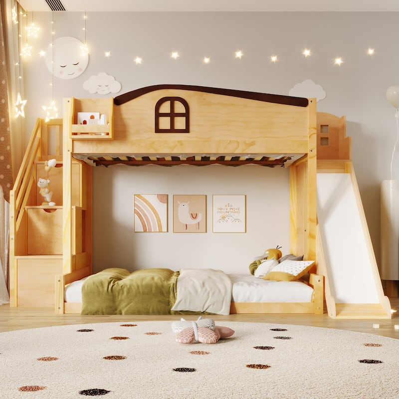 Fairytale Twin Over Full Kids Floor Bunk Bed with Slide, Storage Staircase, Shelves and Wardrobe, Wooden House Bed
