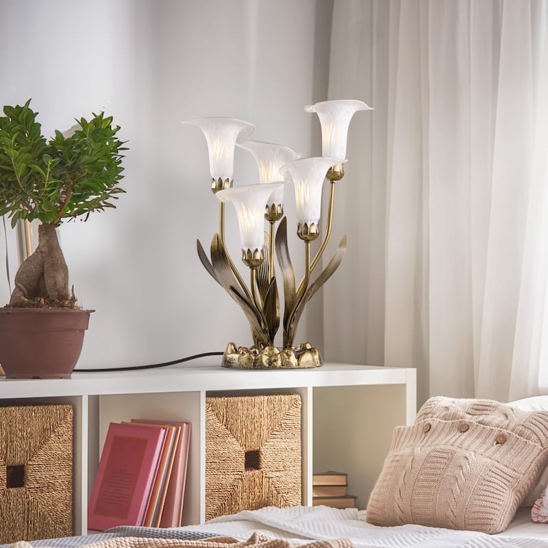 20-inch Antique Brass and Hand Blown Glass 5 Calla Lily Uplight Accent Lamp - 15" x 14" x 20"
