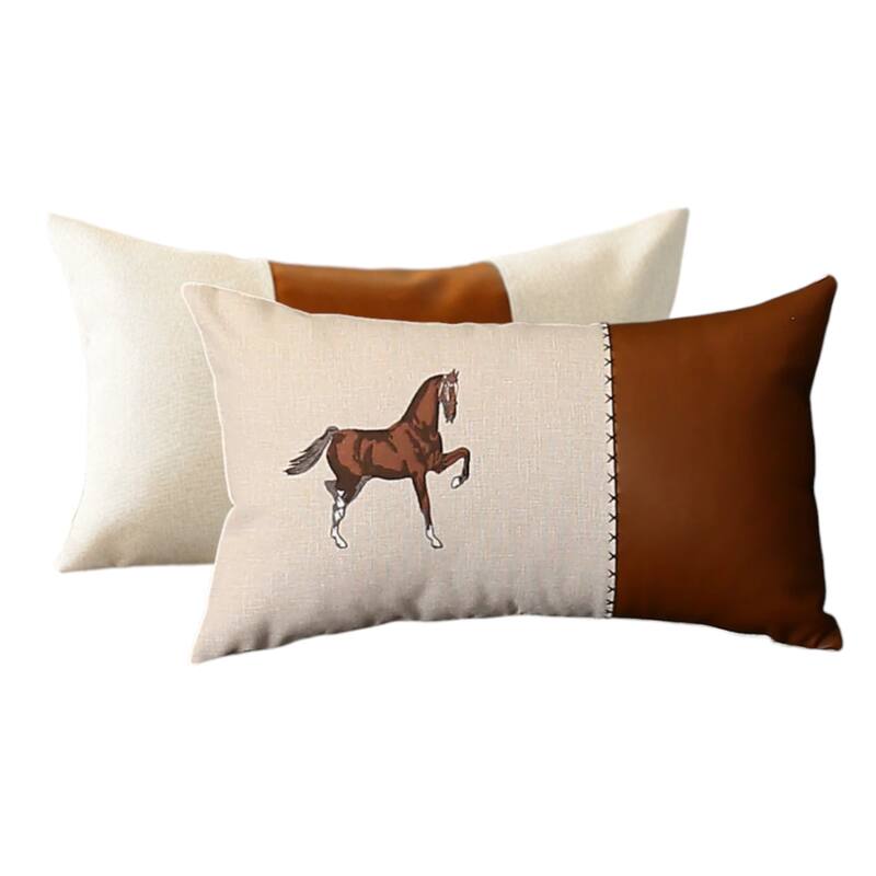 HomeRoots Set Of Two 20" X 12" Beige And Brown Horse Faux Leather Zippered Pillow With Embroidery