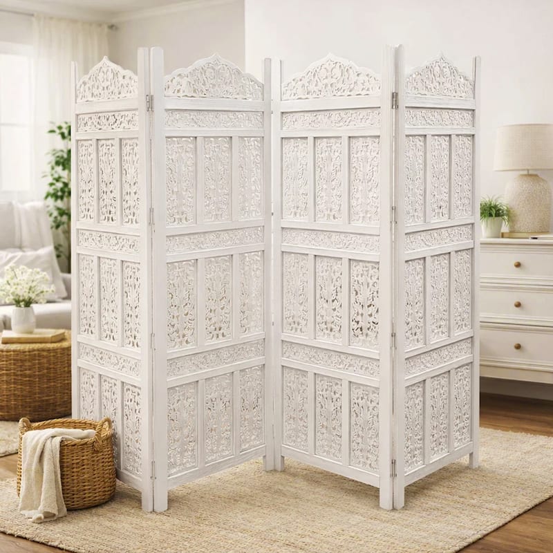 Aesthetically Carved 4 Panel Wooden Partition Screen/Room Divider, Distressed White