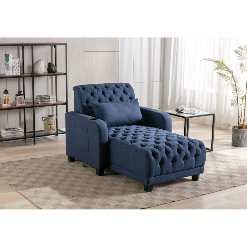 Linen Upholstered Multifunctional Tufted Wireless Charging Leisure Sleeper Armchair with 2 Cup Holders