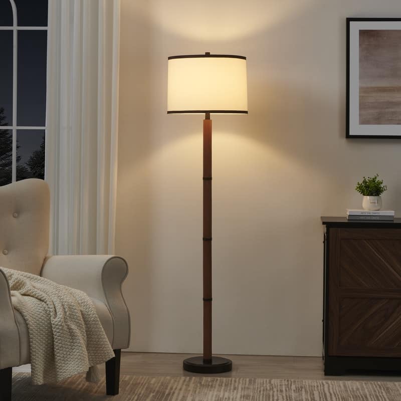 KAWOTI Traditional & Farmhouse Brown Accent Floor Lamp with Drum Shade - W16" x H63"