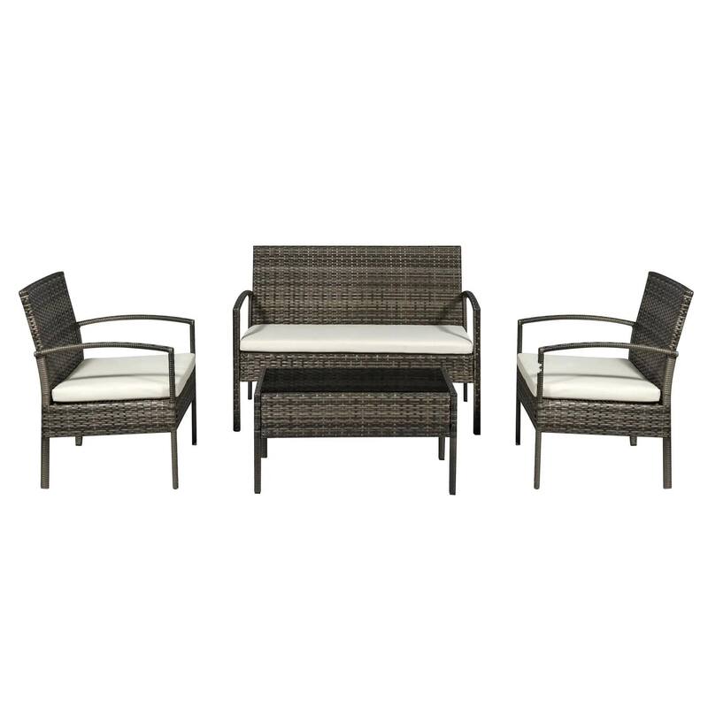 4PCS PE Rattan Conversation Set, Sofa Loveseat Table, All Weather
