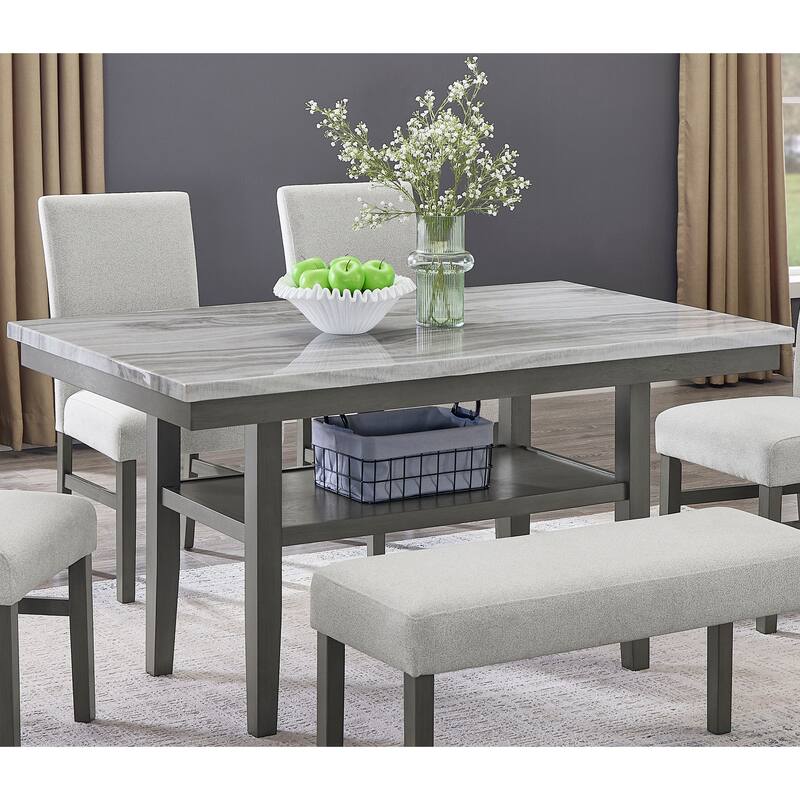 Selena 60" Gray Faux Marble Top Rectangular Dining Table with Storage Shelf in Gray Wood Finish