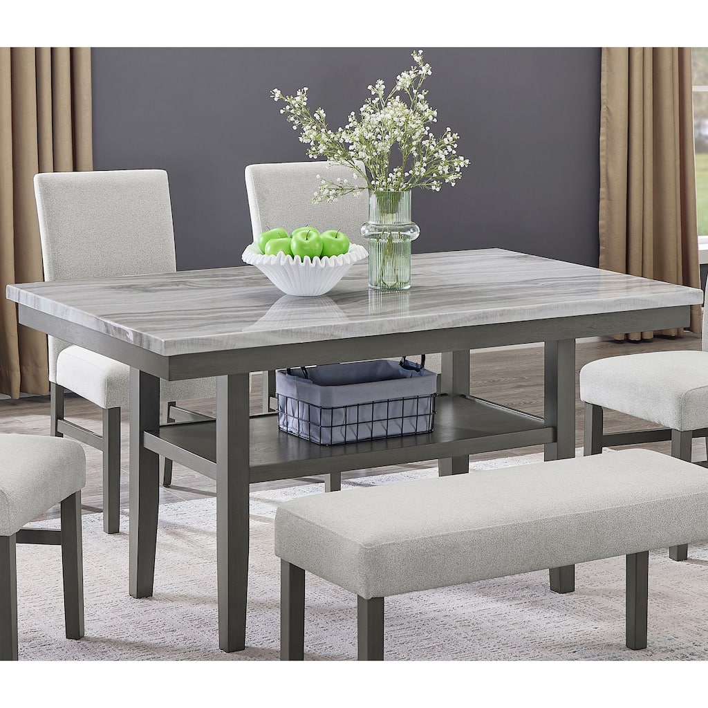 Selena 60" Gray Faux Marble Top Rectangular Dining Table with Storage Shelf in Gray Wood Finish