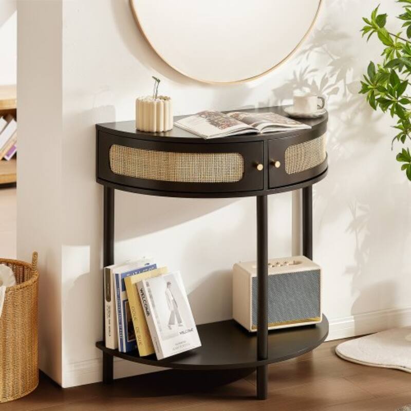 Half-Moon Rattan Console Table with Drawers & Sliding Door - 31.88 x 15.74 x 32.28 inch