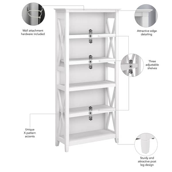 dimension image slide 3 of 15, Bush Furniture Key West Tall 5 Shelf Bookcase with Adjustable Shelves