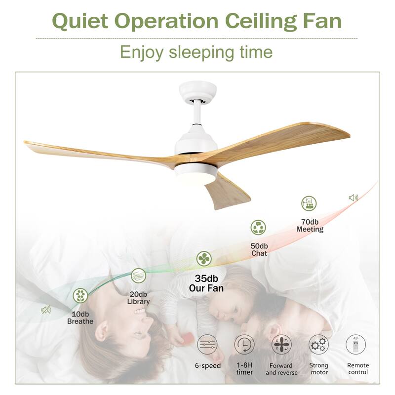 Sofucor 52 Inch Quiet Ceiling Fan with 3 Solid Wood Blades,Light & Remote,Reversible Ceiling Fan,for Patio Living Room,Bedroom
