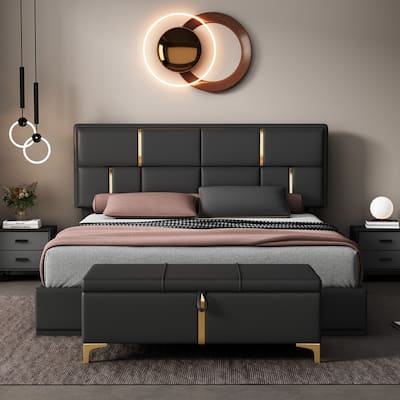 2PCS Queen Size Upholstered Platform Bed with Hydraulic Storage System and Ottoman