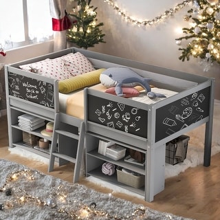 Elegant Twin Size Low Loft Bed with Two Movable Shelves and Ladder, with Decorative Guardrail Chalkboard, Space Saving, Gray