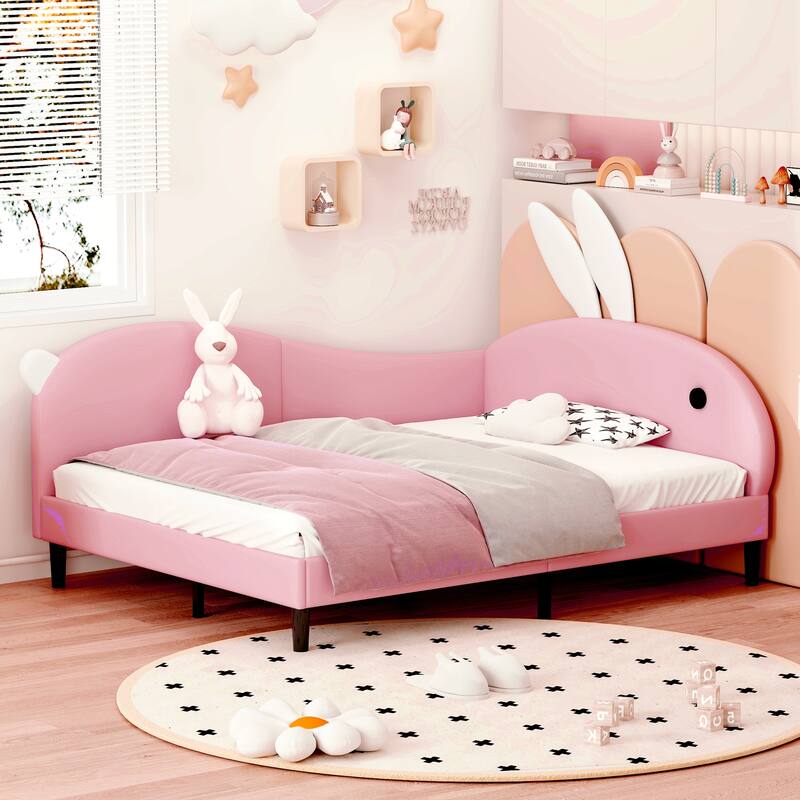 Pink Kids Bed Lovely Rabbit-Shape Daybed with Soft Backrest and Rabbit-ear Headboard, Platform Daybed Frame for Kids' Rooms - Pink - Full