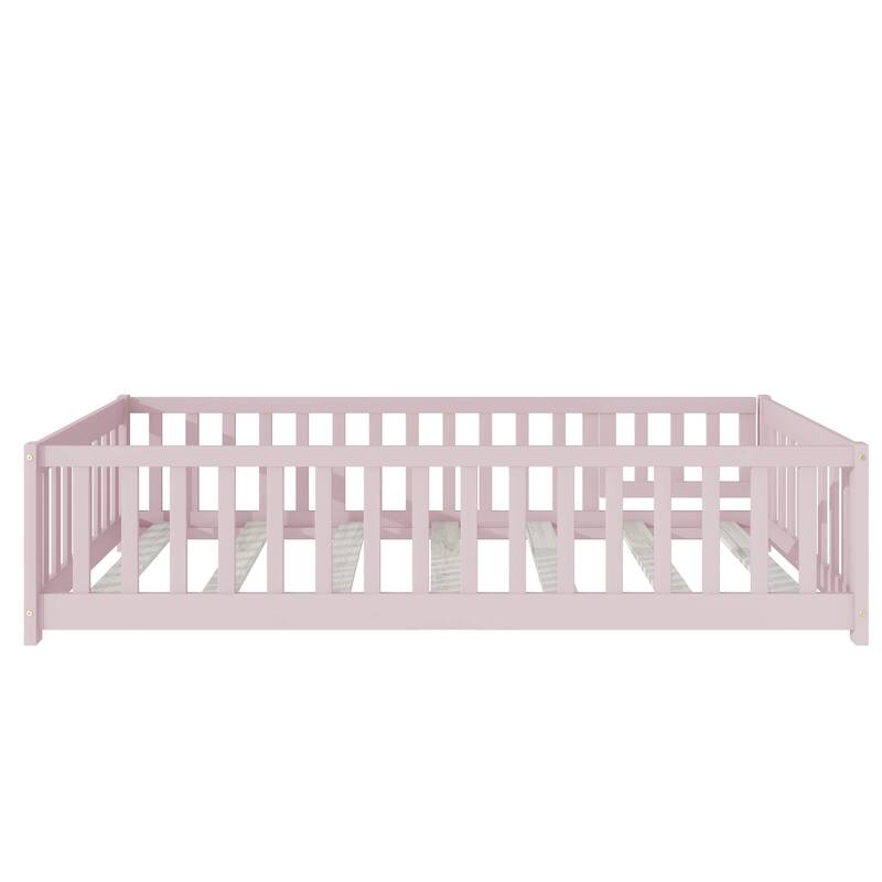 Wooden Floor Bed Frame with Slats Support, Twin Size Kids Floor Bed, Rubber Wood Twin Floor Bed Frame with Fence and Door