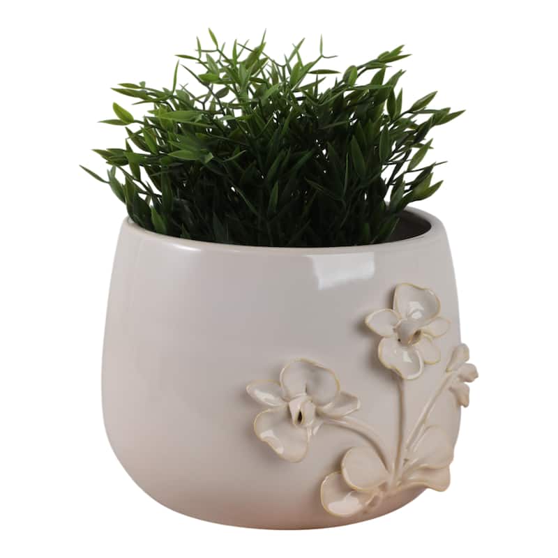 Ceramic Stoneware Planter with Embossed Floral Design and Round Body