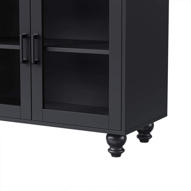 TV Stand with Tempered Glass Doors, Buffet Sideboard with Adjustable Shelves, Entertainment Center with Solid Wood Legs