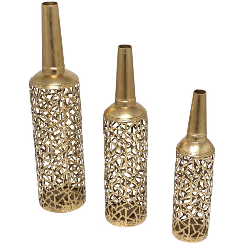 The Novogratz Gold Metal Abstract Patterned Decorative Vase with Open Frame Design (Set of 3) - 30, 25, 21"H