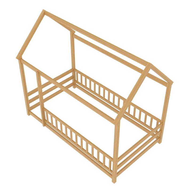 Twin Size Floor Wooden Bed with House Roof Frame, Fence Guardrails