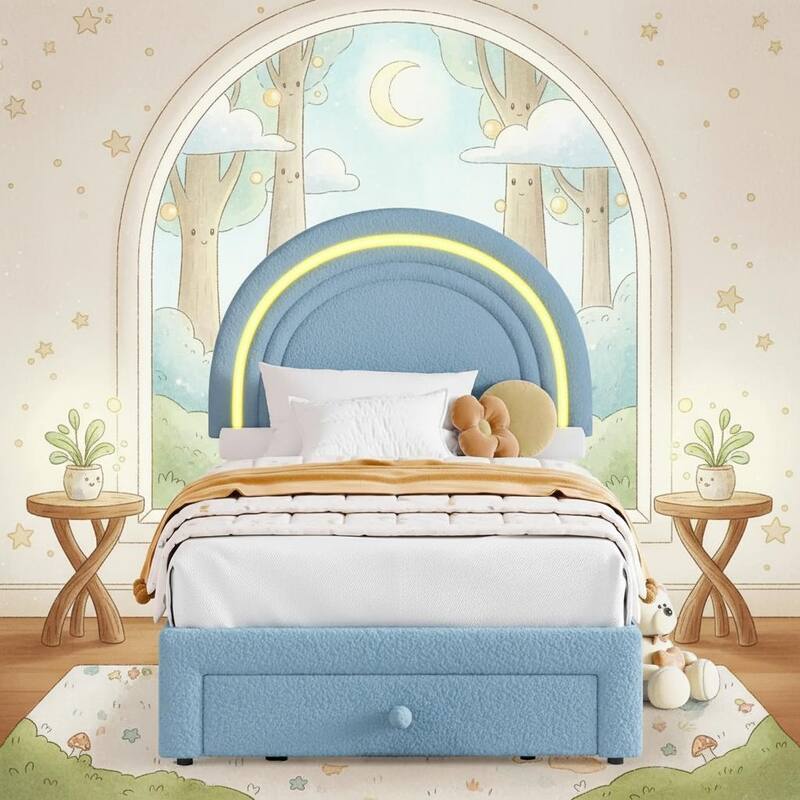 Upholstered LED Bed Frame, with Storage Drawer - Blue