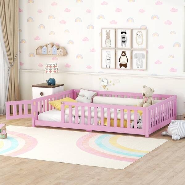 slide 2 of 9, Full Size Bed Floor Bed with Safety Guardrails and Door for Kids Pink - Full