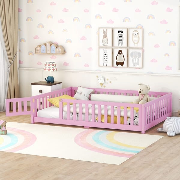 slide 2 of 28, Full Size Kids Floor Bed with Guardrails and Door