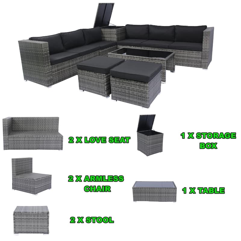 8 Piece Patio Sectional Sofa Set with One Storage Box Under Seat